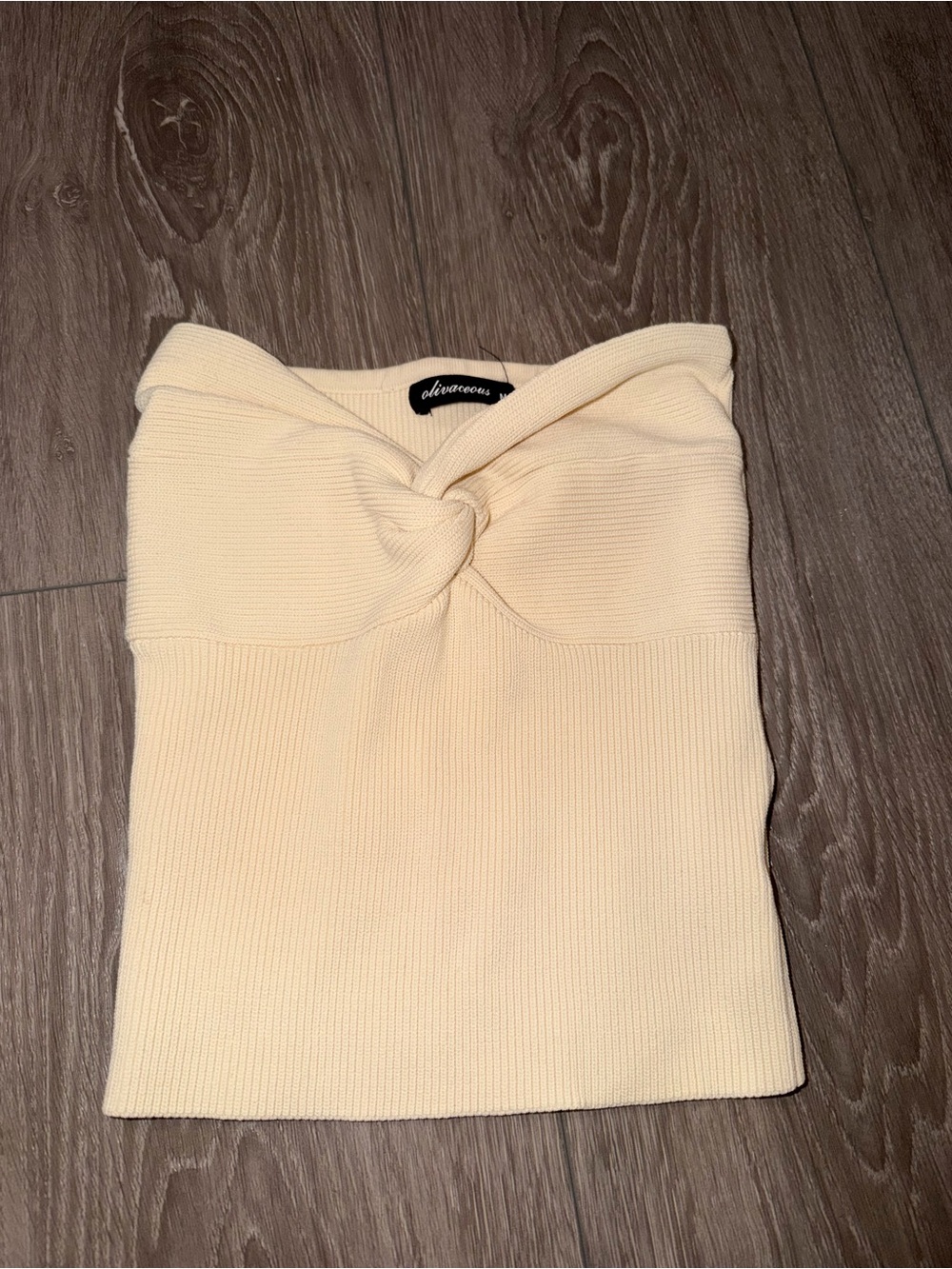 Olivaceous Cream Off-Shoulder Knot Ribbed Sweater Top